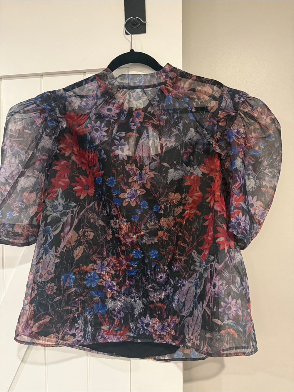 Maeve Floral Sheer Puff-Sleeve Blouse - Black with Red & Purple Floral
